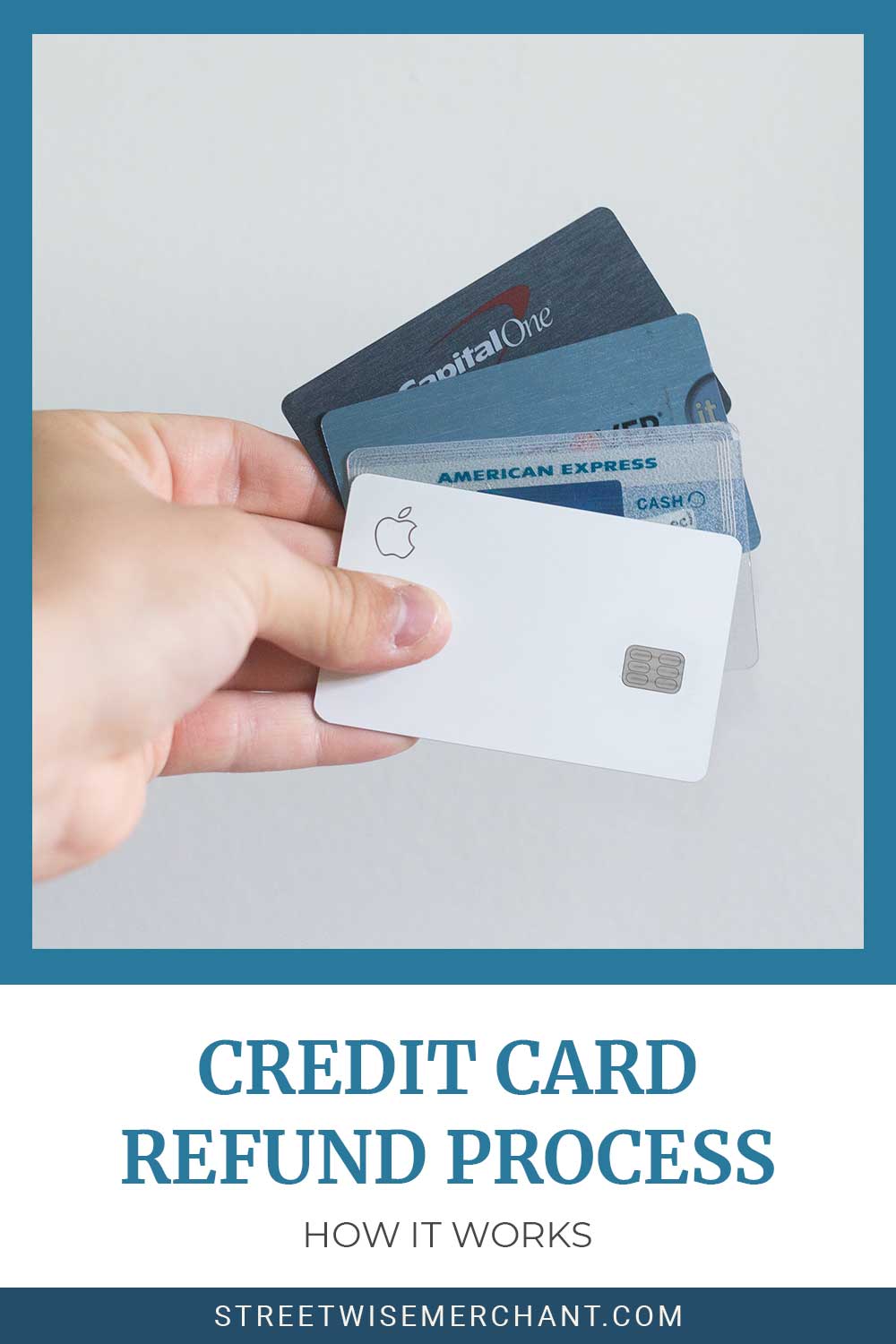 Hand holding 4 credit cards in front of a white wall - Credit Card Refund Process