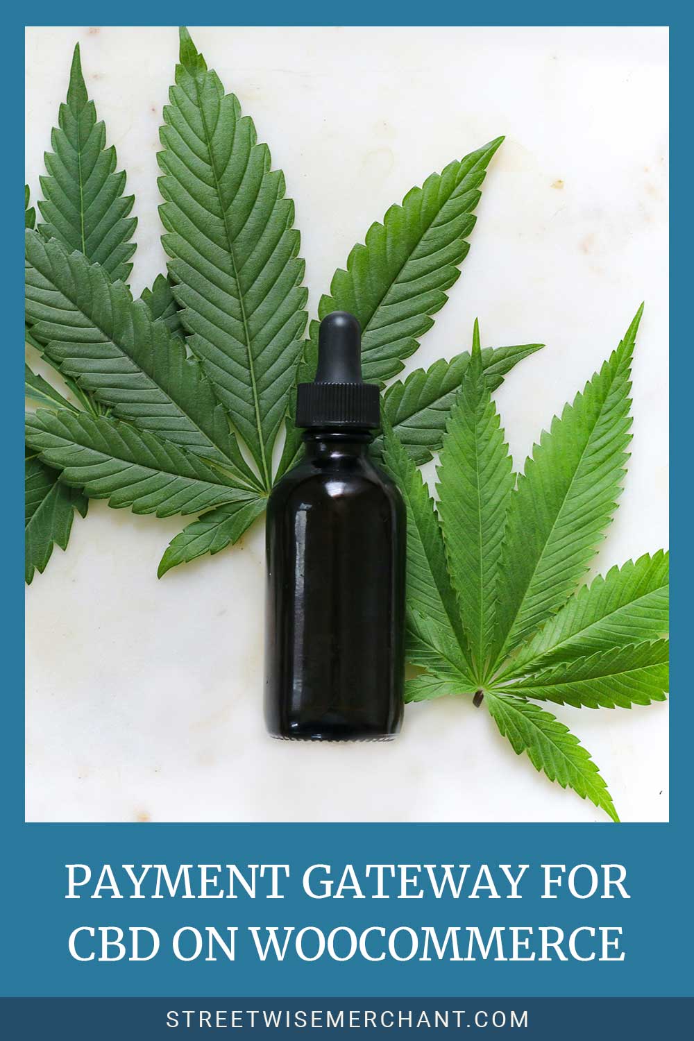 CBD bottle and leaves on a white surface - Payment gateway for CBD on WooCommerce