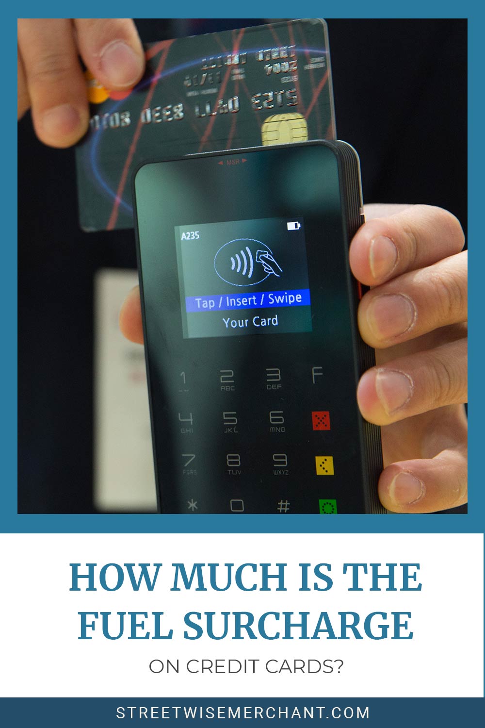 Person holding a credit card reader and a card - How Much is the Fuel Surcharge On Credit Cards?